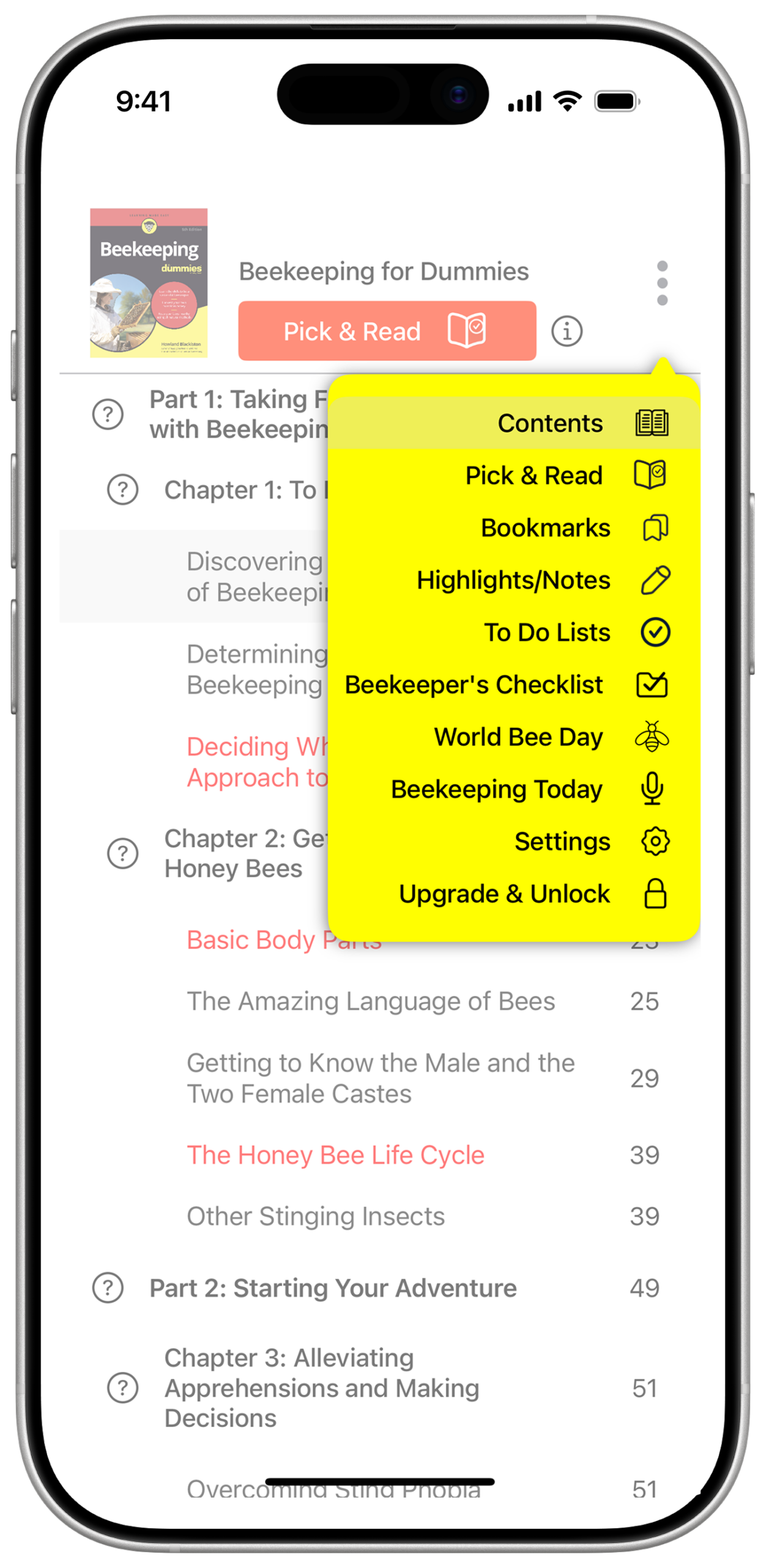 Beekeeping for Dummies app main menu